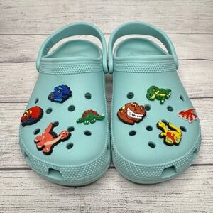 Crocs Classic Clog Light‎ Teal Dinosaur Charms Size M7 W9 Slip on Comfort Shoes